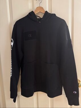 Champion Black Pullover Hoodie with Sleeve Logo